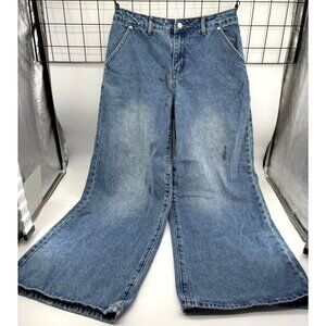Vintage Edikted Blue Denim Wide Leg‎ Jeans With Distressed Look & Stains